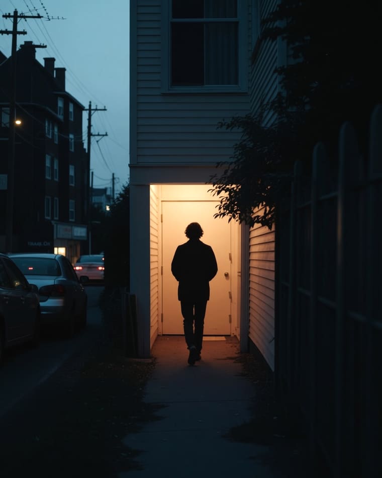 A figure walking toward a lit doorway at dusk.