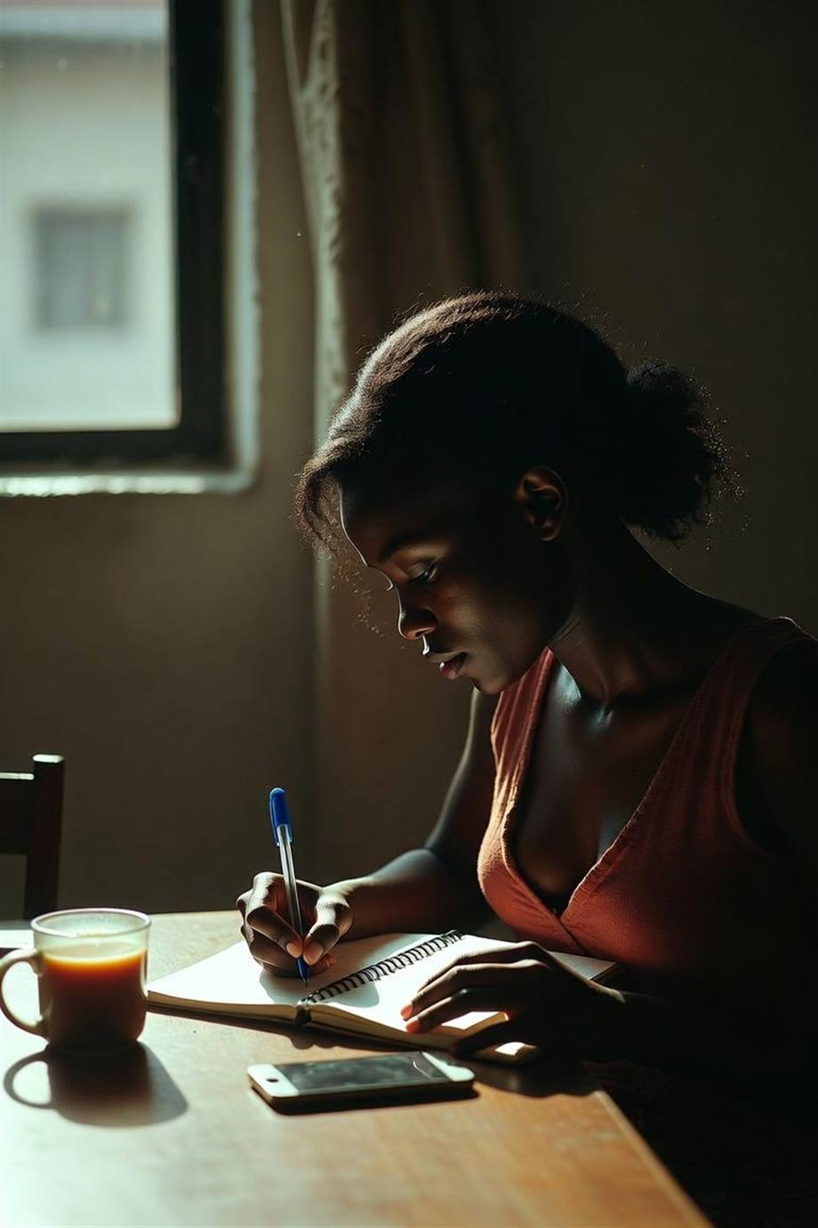 Someone writing in a notebook at a table, morning light, phone face-down beside them.