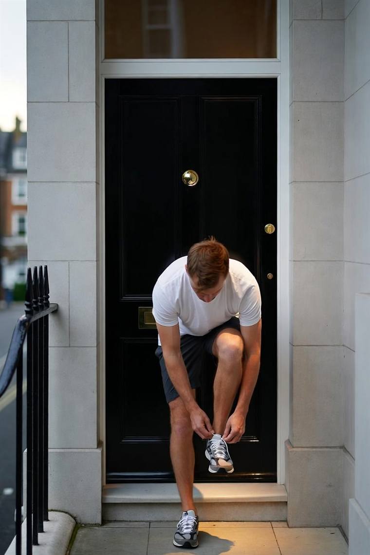Someone lacing running shoes in a doorway at dawn.